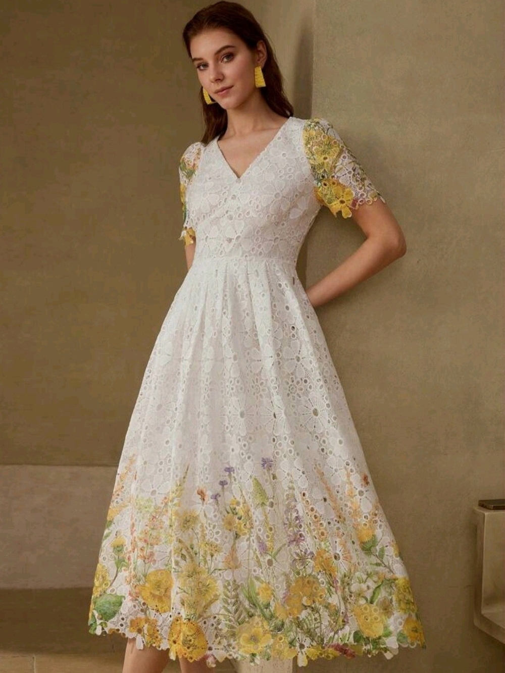 MOTF White Eyelet Midi Dress with Yellow Floral Border